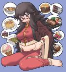 1_female 1_human 1girl barefoot belly_grab black_hair blush breasts brown_eyes candy chocolate clothed coat curry curry_rice egg female female_human female_only food fried_rice frown glasses hamburger highres ice_cream ice_cream_cone kamen_rider kamen_rider_wizard kamen_rider_wizard_(series) large_breasts long_hair matsuda_yuusuke messy_hair midriff multiple_images navel noodles not_porn original plate plump purple_background ramen red-framed_glasses semi-rimless_glasses simple_background sitting solo steak_(food) sweat sweatdrop toenails toes track_suit tummy_grab under-rim_glasses very_long_hair wariza wavy_mouth weight_conscious yonezawa_natsumi yuusha_to_maou zipper