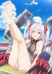 1girl 1girl 1girl ahoge ass azur_lane bangs bare_shoulders barefoot big_breasts blue-senpai blush breasts crossed_ankles day eyebrows_visible_through_hair feet hair_between_eyes iron_cross legs legs_up long_hair looking_at_viewer multicolored_hair nipple_slip nipples outside photoshop_(medium) prinz_eugen_(azur_lane) pussy red_hair shiny shiny_skin silver_hair smile soles streaked_hair toes two_side_up uncensored very_long_hair