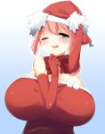  1girl blue_eyes blush breasts elbow_gloves female gloves hat highres huge_breasts kaimantokage pink_hair ribbon santa_costume santa_hat short_hair smile wink 