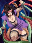 1girl black_hair breasts cleavage fishnet fishnets gaden imminent_rape kunai kunoichi large_breasts makeup monster ninja open_mouth restrained sex shokujoku_nin_mesu_sayla tentacle tentacles weapon