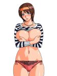 blush breasts covering covering_breasts gaden hitoduma_ryoujoku_den_madam_crisis jewelry kurasawa_michiko large_breasts milf necklace panties sex short_hair underwear