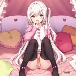 1:1_aspect_ratio 1girl bedroom black_legwear eyebrows_visible_through_hair female_only innie_pussy komeshiro_kasu long_hair looking_at_viewer no_panties on_bed silver_hair sitting smile third-party_edit uncensored yellow_eyes