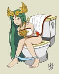  1girl adictreader barefoot green_eyes green_hair kid_icarus nintendo palutena straining toilet toilet_use 