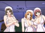 3girls aizawa_mifuyu breasts cleavage embarrassed gaden green_eyes large_breasts looking_at_viewer multiple_girls nurse purple_eyes smile