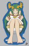  1girl adictreader barefoot green_eyes green_hair kid_icarus nintendo palutena straining toilet toilet_use 