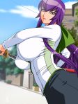 breasts busujima_saeko gaden highres highschool_of_the_dead huge_breasts large_breasts purple_hair school_uniform sex sword tight tight_clothing weapon