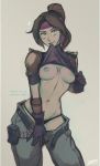 1girl 1girl 1girl armor belt belt_buckle blush breasts brown_hair buckle cleavage final_fantasy final_fantasy_vii final_fantasy_vii_remake flashing gloves grey_background headband iahfy jessie_rasberry lifted_by_self looking_at_viewer medium_breasts navel nipples panties pants pauldron ponytail pouch purple_headband shirt shirt_lift simple_background standing stomach tied_hair unbuckled_belt underwear watermark