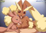 1boy 2girls anthro bbmbbf breasts buneary cum_drip fellatio female furry human_on_anthro looking_at_viewer lopunny male nintendo nipples oral paizuri palcomix pokemon pokemorph pokepornlive