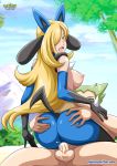 bbmbbf blonde_hair cosplay creatures_(company) cynthia_(pokemon) game_freak hair_over_one_eye huge_breasts humans_of_pokemon lawrence_(pokemon) long_hair lucario nintendo palcomix pokemon pokemon_(anime) pokemon_black_2_&_white_2 pokemon_black_and_white pokemon_bw pokemon_bw2 pokemon_diamond_pearl_&_platinum pokemon_dppt pokepornlive porkyman shirona_(pokemon) sideboob