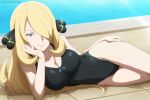  1girl alluring bare_legs big_breasts blonde_hair cleavage cynthia cynthia_(pokemon) koikoi_(artist) long_hair nintendo one-piece_bikini pokemon pokemon_(anime) pokemon_dppt poolside reclining silver_eyes swimming_pool 