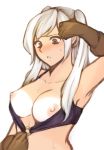 1girl armpits blush breasts breath fire_emblem fire_emblem:_awakening gloves high_resolution long_hair nipples o-ring o-ring_top reflet robin_(fire_emblem) robin_(fire_emblem)_(female) simple_background sweat tan_line tanned tied_hair tridisart twin_tails very_high_resolution white_background white_hair