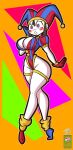 1girl 1girl 2023 bare_thighs big_breasts cleavage dirtymind jester_hat pomni_(the_amazing_digital_circus) tagme the_amazing_digital_circus thick_thighs