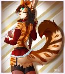  1girl 1girl anthro ass breasts clothed clothing feline furry garter looking_at_viewer mammal myloveless nipple_bulge skimpy smile standing 