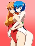 2_girls asuka_langley_souryuu blue_eyes blue_hair female female_only hair highleg_swimsuit long_hair multiple_girls neon_genesis_evangelion one-piece_swimsuit orange_hair pervyangel red_eyes rei_ayanami short_hair swimsuit yuri