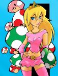  blonde_hair blue_background blue_eyes crop_top crown miniskirt mushroom necklace nintendo pink posing princess_peach stockings yoshi_egg 