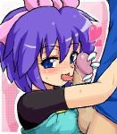 1girl aliasing blue_eyes bow erection fellatio gloves hair hair_bow heart kanata_(pokemon) konpeto lala-kun licking looking_at_viewer lowres open_mouth oral penis pokemon short_hair solo_focus sweat tongue tongue_out uncensored