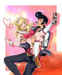  1boy 1girl artist_request ass blush boobies_uniform breasts cleavage dandy_(space_dandy) hair heart holding honey_(space_dandy) karoll_ann long_hair looking_at_viewer panties pantyshot skirt smile space_dandy teeth underwear upskirt wrist_cuffs 