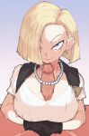 1boy 1girl 2021 android_18 blonde_hair clothed_sex dragon_ball_z hair_over_one_eye inkerton-kun necklace paizuri penis pov toei_animation veiny_penis