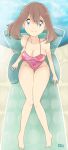 5_fingers 5_toes alluring anime_style barefoot big_breasts blue_eyes breasts brown_hair cameltoe cleavage feet knees_together_feet_apart may may_(pokemon) pink_swimsuit pokemon pokemon_rse r3dfive sitting small_waist smile smiling_at_viewer swimsuit water