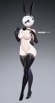  1girl animal_ears bare_shoulders black_gloves black_legwear blue_eyes bunny_ears bunny_girl elbow_gloves gloves high_heels high_resolution latex latex_gloves looking_at_viewer nier:_automata nier_(series) shoes simple_background very_high_resolution yorha_no._2_type_b zeronis 