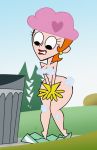 black_eyes breasts cleavage cover_up covering_crotch dexter's_laboratory dexter's_mom ear_piercing earrings embarrassing gloves jewelry lipstick looking_down nude orange_hair piercing red_lipstick short_hair shower_cap soap_suds solo suds surprise towel zoda-x_(artist)