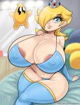 1girl armwear big_breasts bikini blonde_hair blue_bikini blue_eyes bmayyneart breasts clothing crown erect_nipples erect_nipples_under_clothes female_only full_of_milk hair_over_one_eye huge_breasts legwear looking_at_viewer luma mario_(series) milf nintendo rosalina royalty sexy sexy_body sexy_breasts super_mario_bros. super_mario_galaxy thick_thighs wide_hips