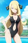  1girl alluring bare_legs big_breasts blonde_hair cleavage cynthia cynthia_(pokemon) koikoi_(artist) long_hair nintendo one-piece_bikini pokemon pokemon_(anime) pokemon_dppt silver_eyes swimming_pool 