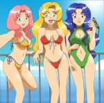  3_girls alluring bikini blonde_hair blue_eyes blue_hair breasts cleavage daisy_(pokemon) female_focus female_only flower_in_hair green_eyes lily_(pokemon) nintendo one-piece_swimsuit pink_hair pokemon pokemon_(anime) red_eyes silf silfs sunglasses swimsuit thighs violet_(pokemon) 