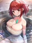 1girl 1girl alluring big_breasts breasts cleavage core_crystal gonzarez hot_spring light-skinned_female light_skin milf nintendo onsen pyra red_eyes red_hair short_hair smile towel towel_only xenoblade_(series) xenoblade_chronicles_2