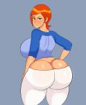 1girl 1girl 1girl ass ass ben_10 big_ass big_ass big_breasts big_breasts breasts cartoon_network clothed clothing dat_ass female_only g3mma green_eyes grey_background gwen_tennyson hand_on_hip large_ass looking_at_viewer looking_back orange_hair panties short_hair simple_background solo_female standing thick_thighs thong voluptuous wide_hips