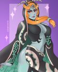  1girl alluring athletic_female big_breasts blue_skin cleavage curvy dangerousbride eyeshadow female_abs fit_female hood midna midna_(true) nintendo orange_hair red_eyes the_legend_of_zelda twili twili_midna twilight_princess 