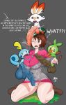  1girl balls big_penis brunette dialogue game_freak grookey huge_balls interspecies maruzyrukun nintendo one_eye_closed penis pokemon pokemon_ss scorbunny sobble veiny_penis 