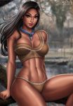 1girl 1girl abs alluring breasts cleavage dark-skinned_female dark_skin disney disney_princess female_abs female_only flowerxl looking_at_viewer native_american pinup pocahontas pocahontas_(character)