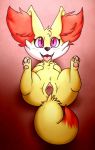 1girl chest_tuft cub fennekin open_mouth paws pokemon purple_eyes pussy spread_legs tagme yellow_fur