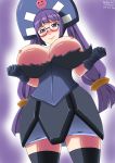 big_breasts breasts female gluko guuko mon_colle_knights nipples purple_eyes purple_hair solo torn_clothes xihone_(artist)