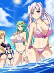 1girl 4girls ass bare_shoulders big_breasts bikini blonde_hair blue_eyes blue_hair blush breast_envy breasts cleavage cloud crossover eyelashes fire_emblem fire_emblem:_awakening green_eyes green_hair hair_ornament huge_breasts human kid_icarus long_hair looking_at_viewer looking_back lucina metroid midriff my_unit navel nintendo nishida_megane ocean open_mouth outside palutena ponytail purple_eyes robin_(fire_emblem) robin_(fire_emblem)_(female) samus_aran sky smile sun super_smash_bros. swimsuit tiara tied_hair twin_tails water white_hair