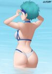  1girl ass bikini blue_eyes blue_hair breasts bulma_(afro) bulma_brief bulma_briefs dragon_ball dragon_ball_z eye_contact female_only flytrapxx looking_at_viewer looking_back short_hair shounen_jump solo_female thick_thighs thighs 