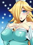 1girl :o big_breasts blonde_hair blue_eyes breast_suppress breasts earrings erect_nipples hair_over_one_eye jewelry long_hair looking_at_viewer mario_(series) nintendo nishida_megane princess_rosalina rosalina star star-shaped_pupils super_mario_bros. symbol-shaped_pupils upper_body