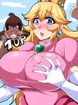 1girl 1up big_breasts blonde_hair blue_eyes blush clothed_female donkey_kong donkey_kong_(series) female_focus female_only mario_(series) nintendo nipples nipples_visible_through_clothing nishida_megane princess_peach solo_female solo_focus super_mario_bros. super_smash_bros.