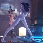  1:1_aspect_ratio 1girl 2_girls 3d areola arms_behind_back ashe_(overwatch) bdsm bondage breasts female_only femdom femsub forceballfx havana_(map) legs long_legs looking_back multiple_girls nipples nude overwatch restrained widowmaker_(overwatch) 