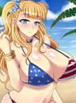  1girl american_flag american_flag_bikini asymmetrical_hair bangs beach bikini blue_eyes blunt_bangs blush bracelet breasts choker cleavage earrings flag_print galko gyaru hair_bun hair_ornament hair_scrunchie huge_breasts jewelry long_hair navel nishida_megane ocean one_side_up oshiete!_galko-chan scrunchie side_bun strap_gap swimsuit under_boob 