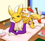 1boy 1girl blush digimon doggy_position fennekin happy open_mouth pokemon renamon saliva sweat