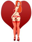 1girl ass big_breasts blue_eyes breasts disney female_only heart heart_background heart_cutout high_heels jessica_rabbit lingerie looking_back pervyangel rear_view red_hair solo solo_female stockings tagme valentine white_background who_framed_roger_rabbit