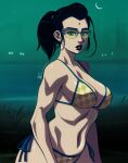 1girl big_breasts bikini blue_eyes checkered_bikini checkered_swimsuit cleavage dc_comics forehead_jewel glasses looking_at_viewer rachel_roth raven_(dc) side-tie_bikini swimsuit teen_titans triplexmile voluptuous