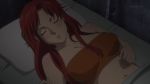 1girl anime arm arms bare_shoulders bed bed_sheet bellows_(suisei_no_gargantia) blush breasts closed_eyes female hair_down long_hair lying midriff navel on_back open_mouth parted_lips pillow red_hair sleeping solo strapless suisei_no_gargantia tubetop