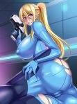 1girl 1girl ass big_breasts bimbo bodysuit clothed_female female_focus female_only long_hair metroid nintendo nipples nipples_visible_through_clothing nishida_megane samus_aran skin_tight solo_female solo_focus torn_bodysuit torn_clothes zero_suit zero_suit_samus