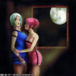 2girls aqua_hair arm arm_grab arms art bare_shoulders big_breasts blue_camisole blue_eyes breasts camisole cleavage dress earrings eye_contact female fingerless_gloves fishnet_gloves fishnet_pantyhose fishnets full_moon gloves hair half-closed_eyes hand_on_face hug hugging large_breasts lips lipstick looking_at_another looking_away love makeup moon multiple_girls night night_sky pink_dress pink_eyes pink_hair pink_strapless serious short_hair sky standing starry_sky strapless strapless_dress yuri