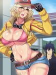  1boy 1girl big_breasts blonde_hair cindy_aurum clothed_female final_fantasy male mechanic nishida_megane noctis_lucis_caelum nosebleed short_hair square_enix straight 