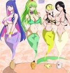 big_breasts black_hair bleach blonde_hair blue_hair breasts c.c. code_geass crossover elesa elesa_(pokemon) food genie green_hair greengiant2012 grey_eyes kamitsure_(pokemon) multicolored_hair panty_&_stocking_with_garterbelt pink_hair pizza pokemon retsu_unohana stocking_(psg) wink yellow_eyes