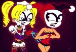 2_girls batman_(series) blonde_hair blue_panties dual_persona female_only green_eyes harley_quinn panties rayryan rayryan_(artist) wedgie